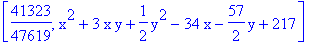 [41323/47619, x^2+3*x*y+1/2*y^2-34*x-57/2*y+217]